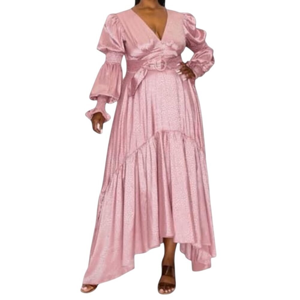 Rosevelvet Pink Satin High-Low Maxi Dress w/ Belt – Size Large – NWT